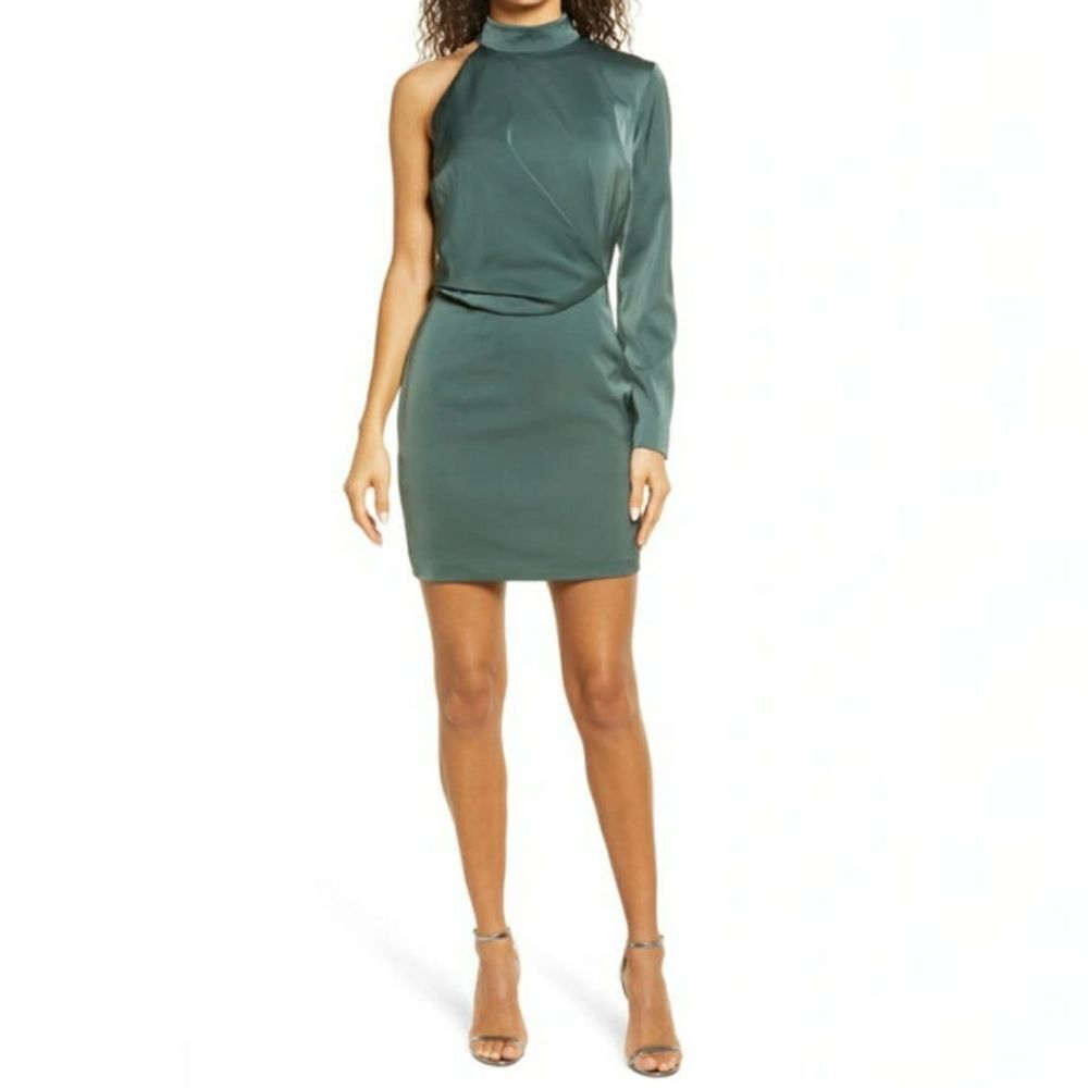 NWT LAVISH ALICE High Neck One-shoulder Cocktail Dress In Deep Pine Green